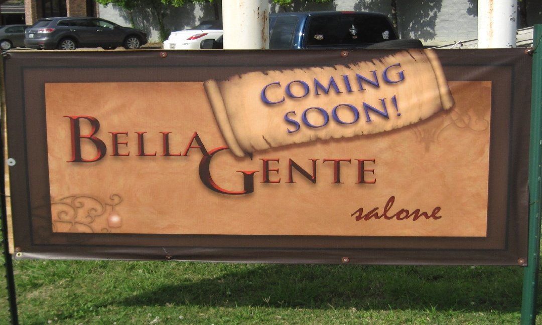 Sign for Bella Gente salone, brown and beige, announcing 