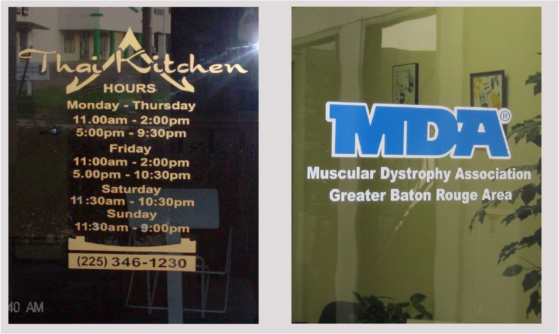 Left: Thai Kitchen restaurant hours, including phone number. Right: MDA logo and text.