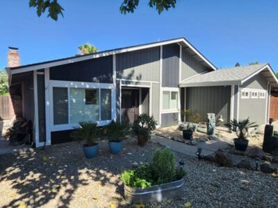 A house with a lot of potted plants in front of it