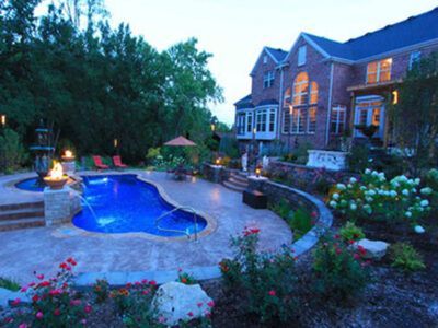 A large house with a large swimming pool in front of it