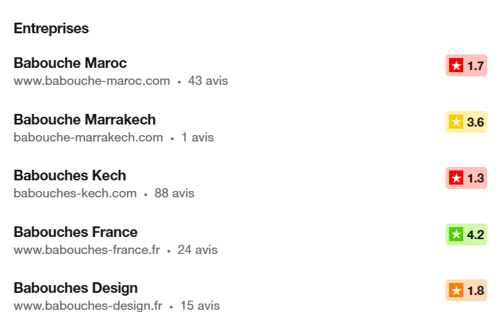 A list of companies including babouche maroc babouche marrakech babouches koch babouches france and babouches design