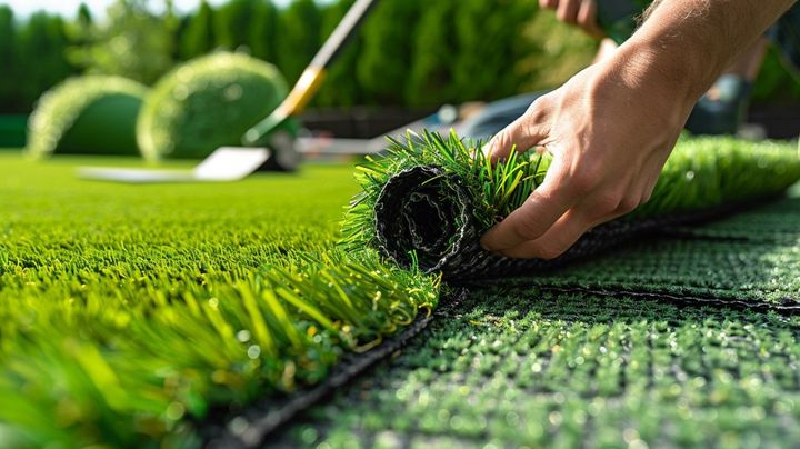 Person rolling out green artificial turf on a lawn