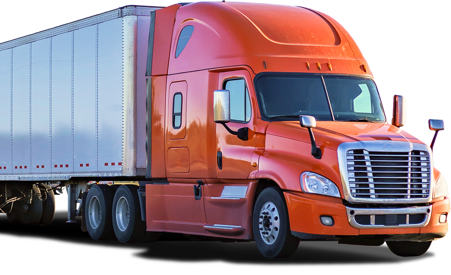 An orange semi truck with a white trailer on a white background