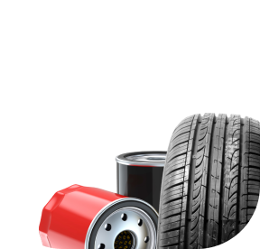 A tire and oil filter on a white background