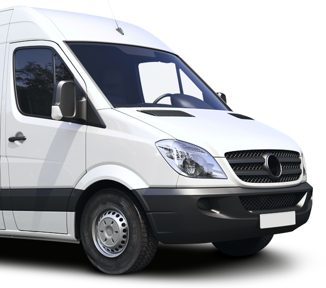 A white van with a mercedes logo on the front