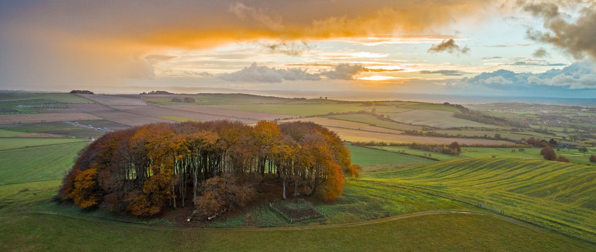 Drone sunset photography of a Wiltshire landscape.