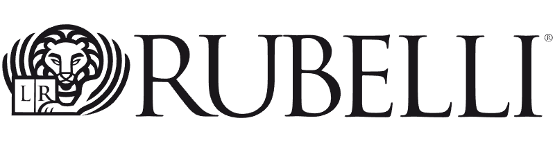 Un logo in bianco e nero per Rubelli con un leone sopra.