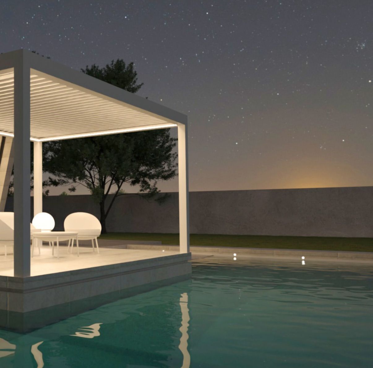 Un pergolato bianco si trova sopra una piscina di notte