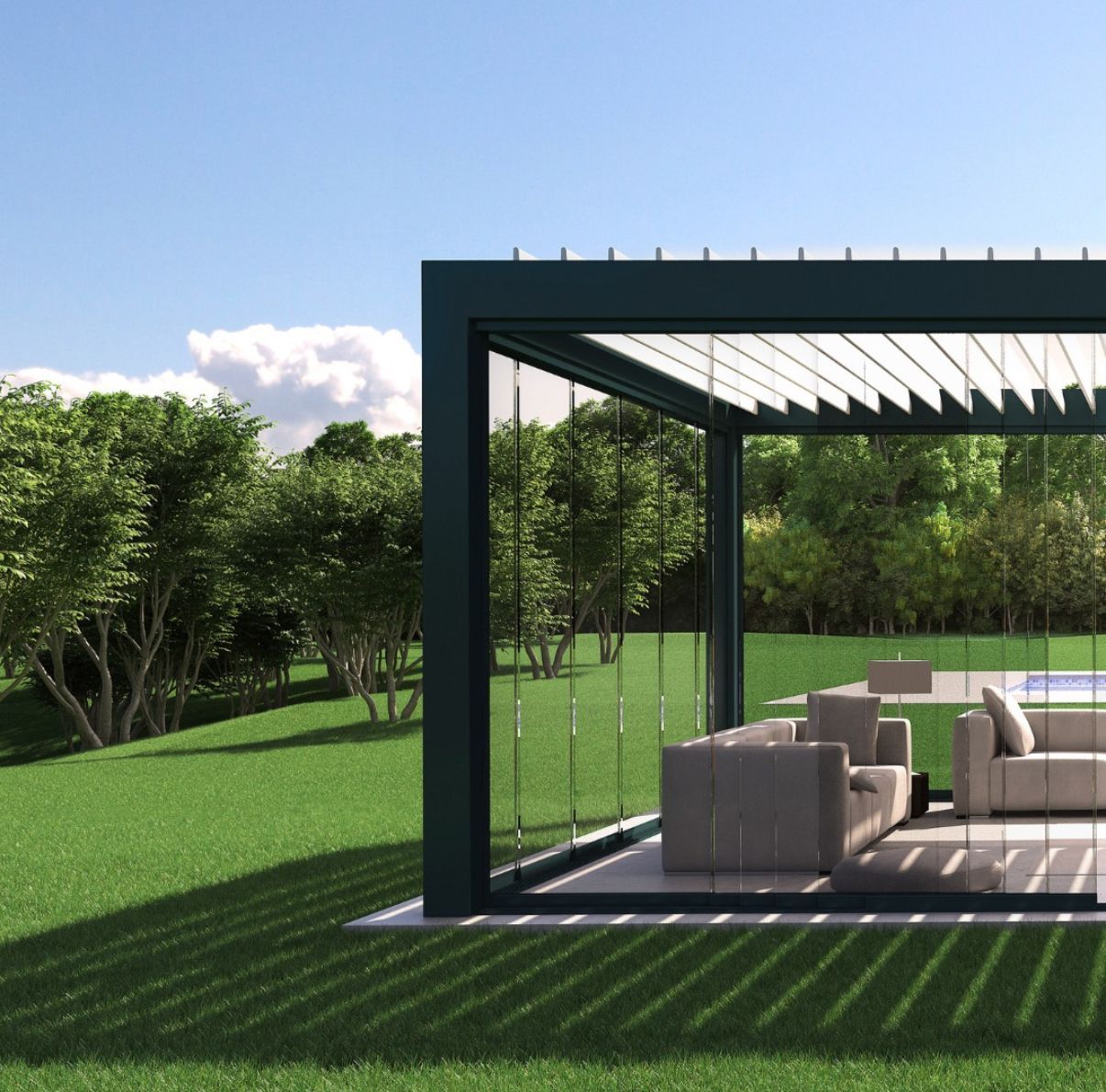 Un pergolato in mezzo a un campo verde lussureggiante