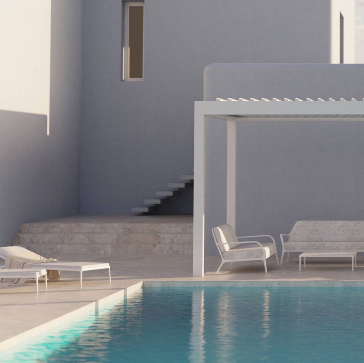 Una piscina con sedie e un divano sotto un pergolato