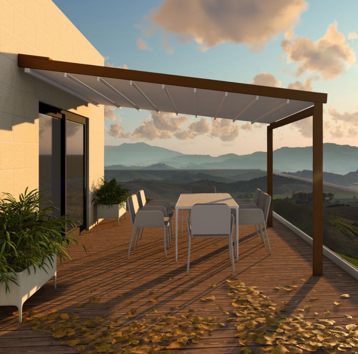 Un ponte di legno con un tavolo e sedie sotto una tettoia