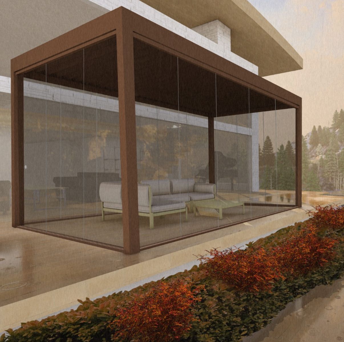 Rappresentazione artistica di una casa con pergolato