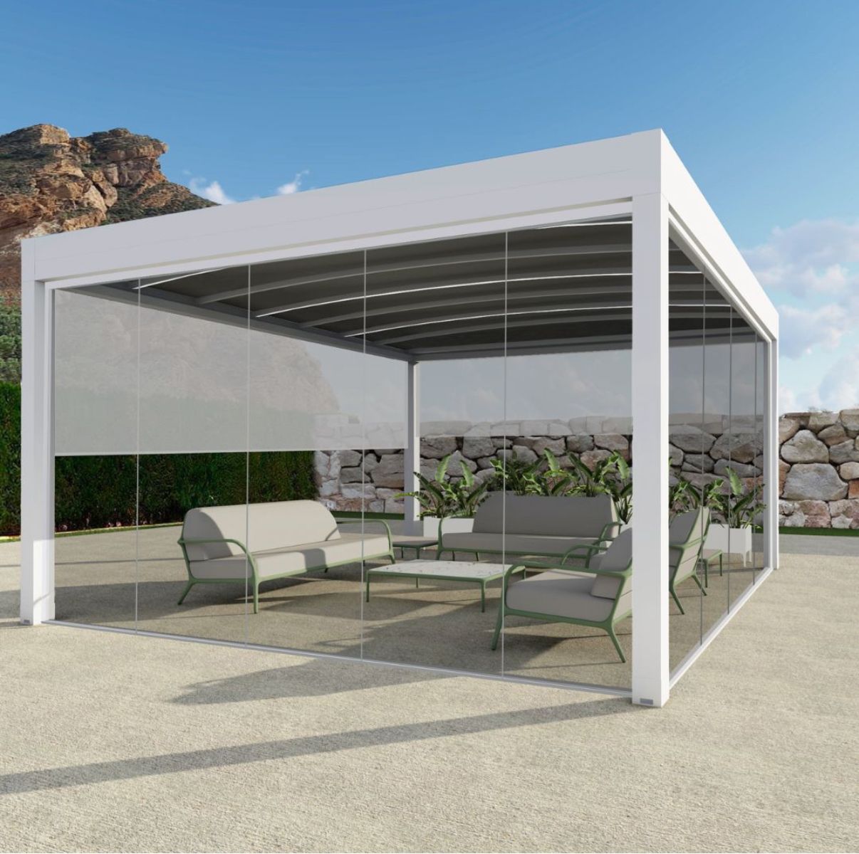 Un pergolato bianco con un divano e delle sedie sotto