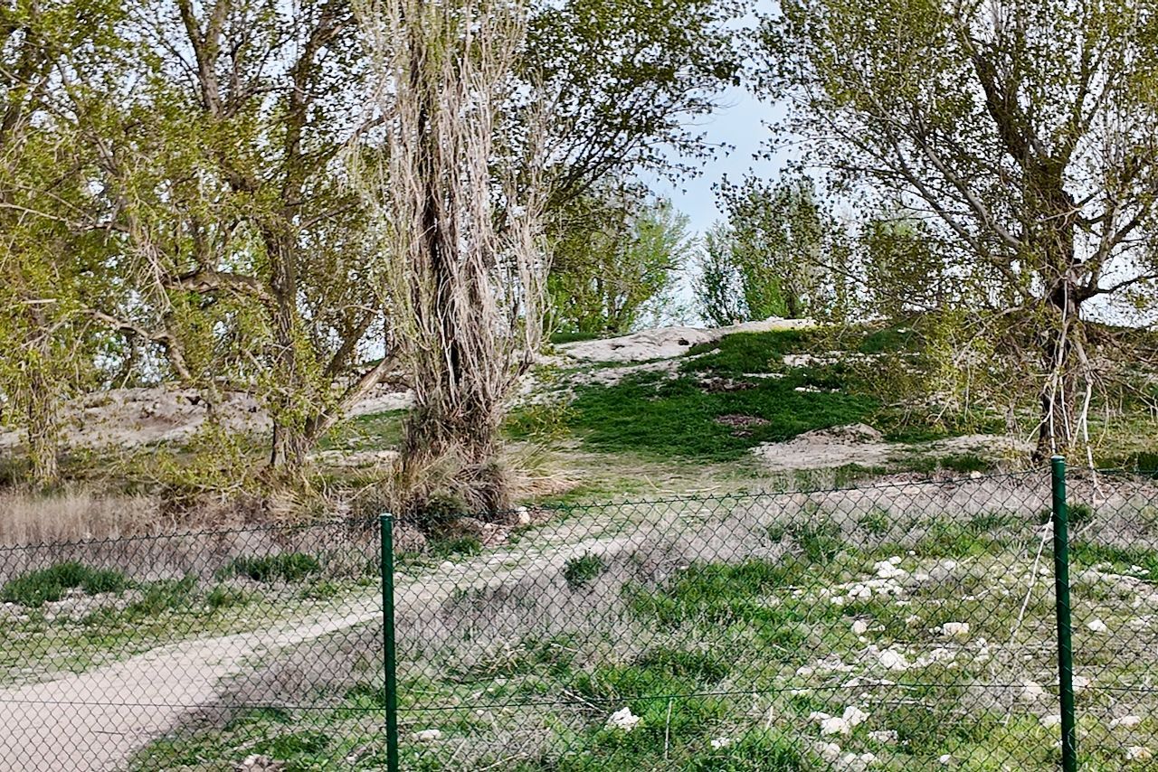 Een zandpad leidt door een grasveld naar een kleine, met bomen begroeide heuvel, omgeven door een prikkeldraadhek.