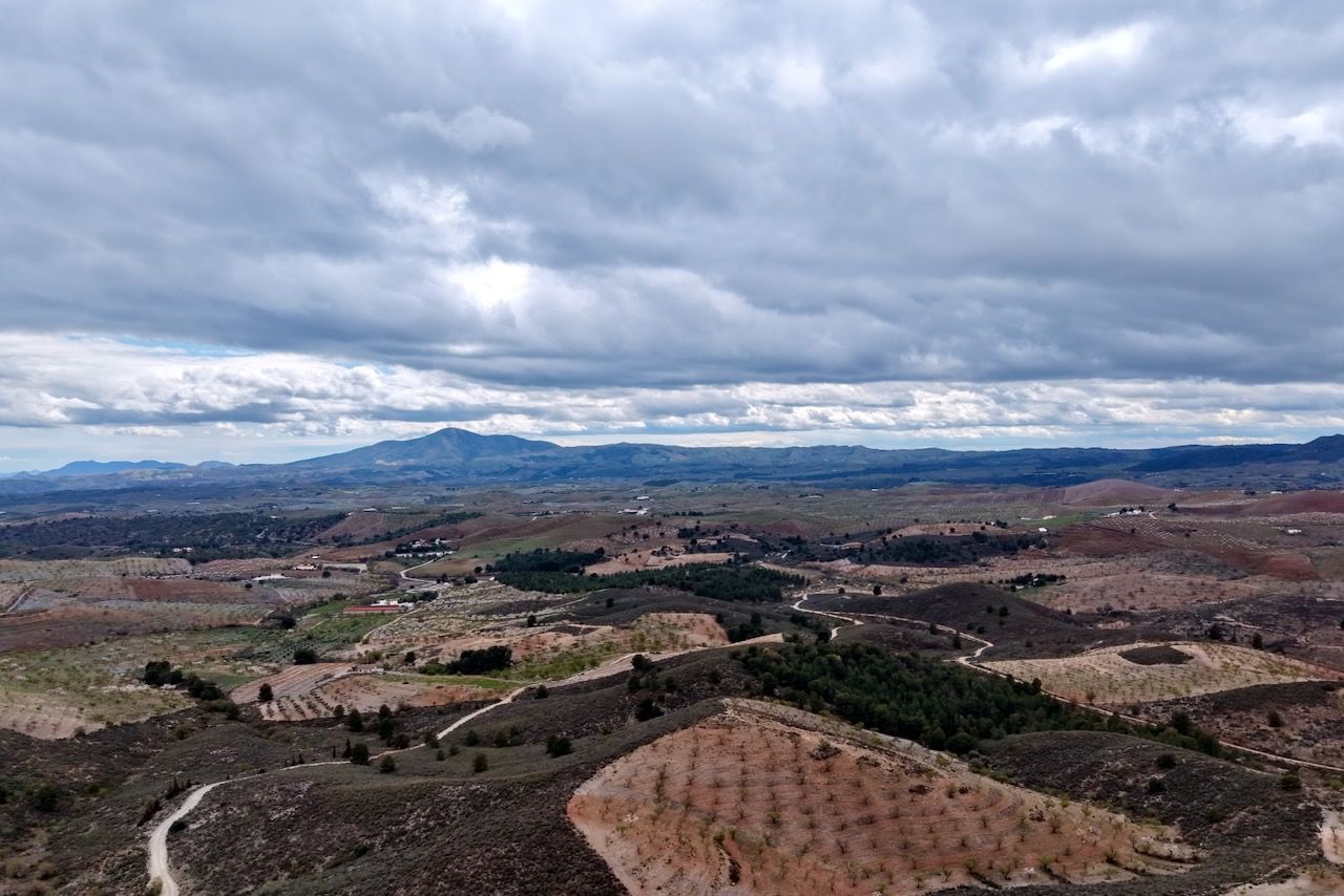Een weids landschap met glooiende heuvels en velden onder een bewolkte hemel, met in de verte een bergketen aan de horizon.