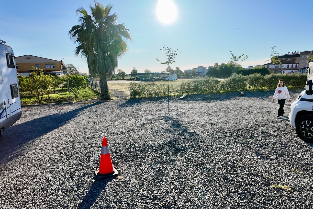 Een grindterrein met een verkeerskegel op de voorgrond, een palmboom, een wandelende persoon en campers onder een heldere zonnige hemel.