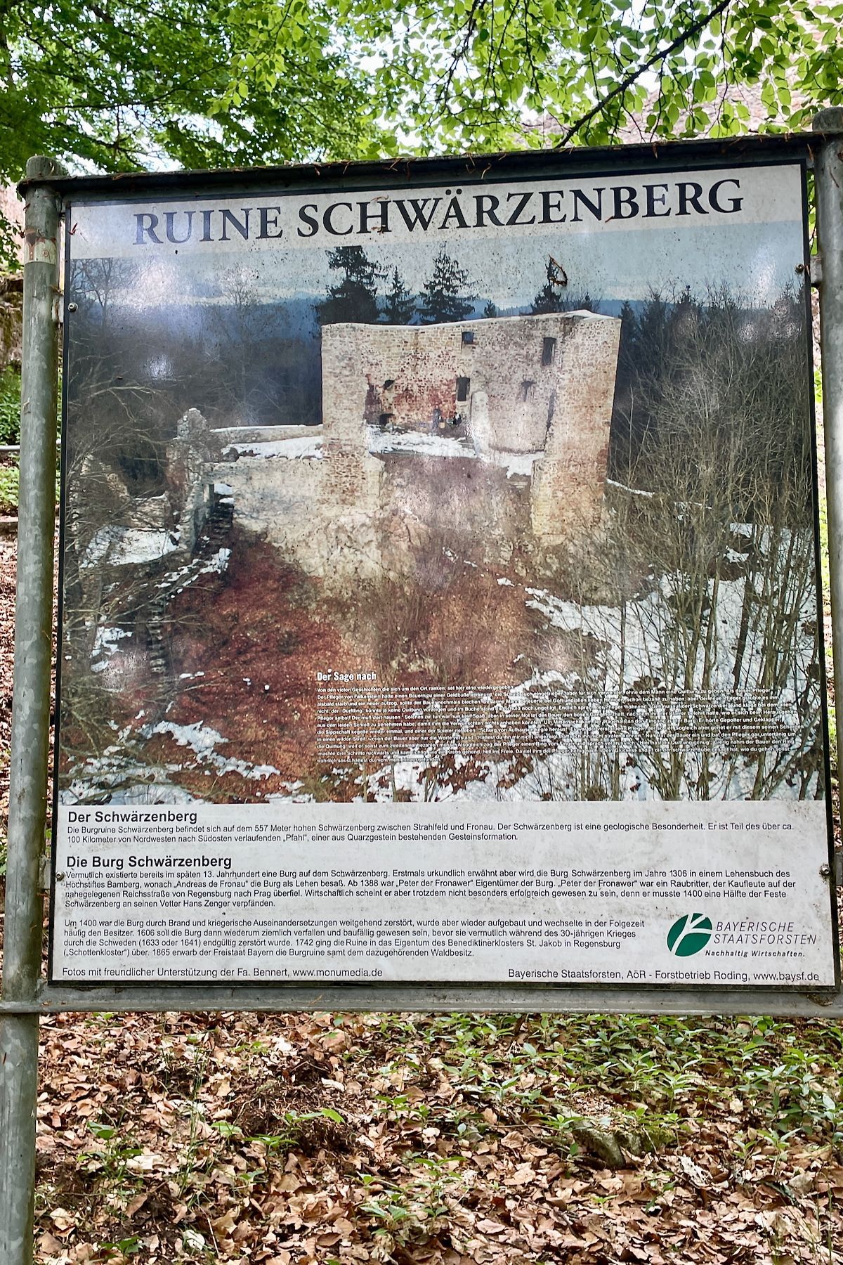De geschiedenis Een bord met een afbeelding van een kasteel in het bos.