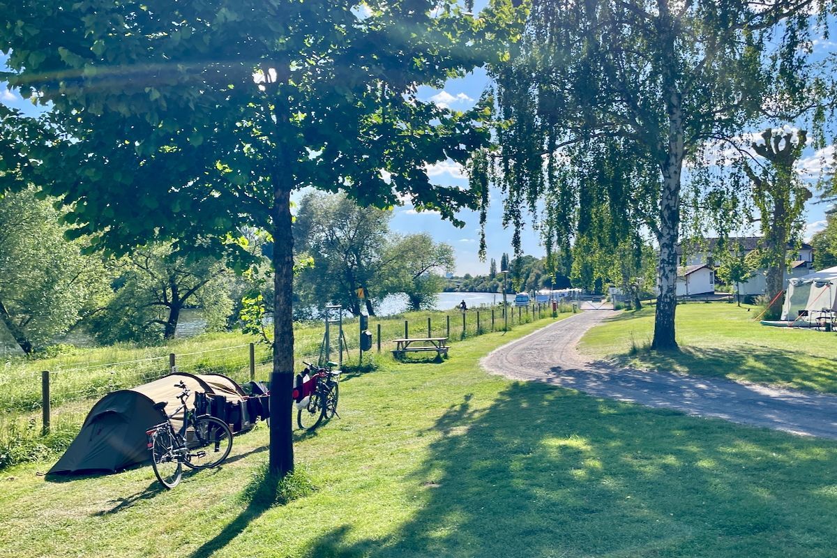 Langs de Main Een tent en fietsen staan geparkeerd in een grasveld.