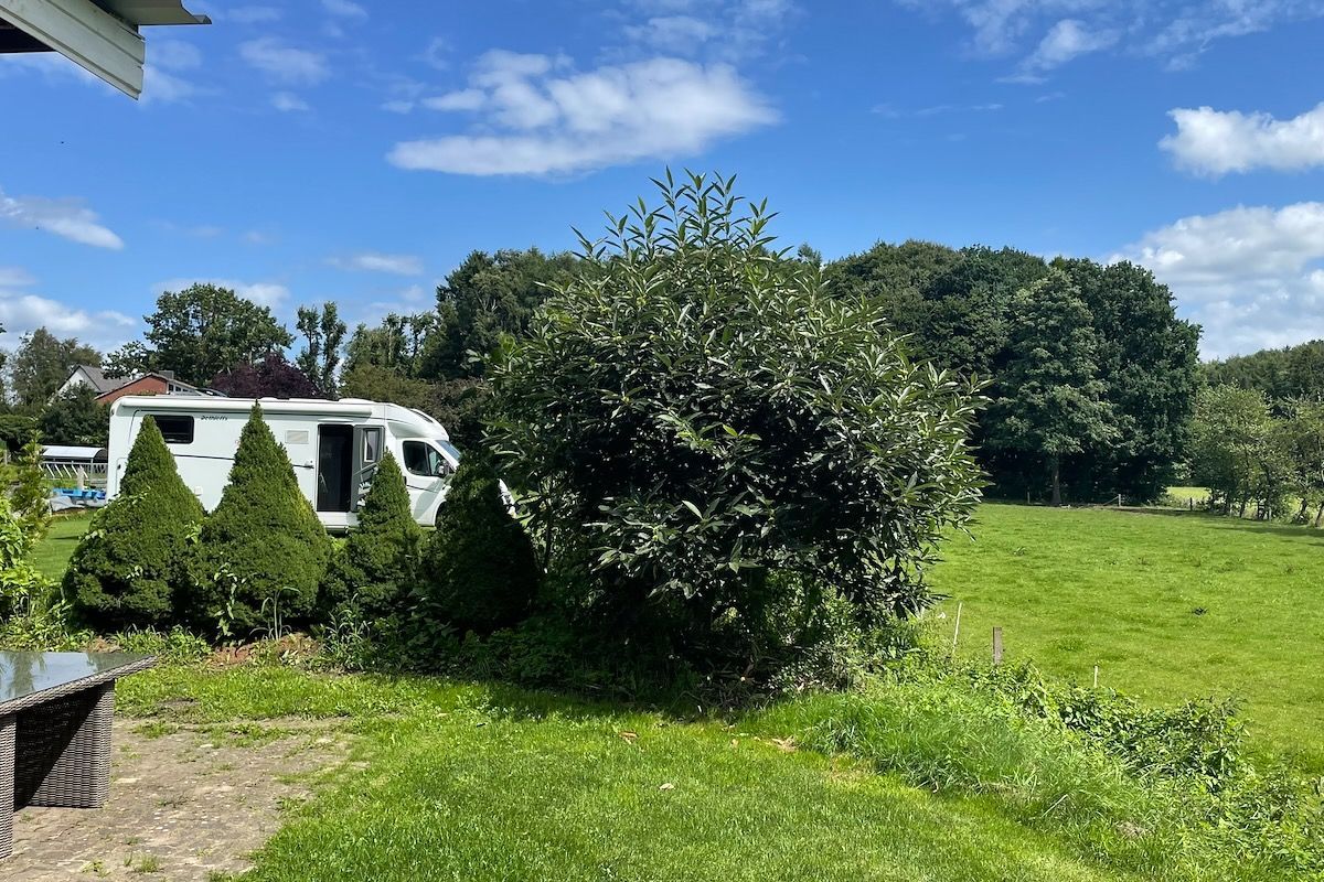 Verscholen in het groen Een zonnig buitentafereel met een camper, struiken en bomen op een grasveld onder een blauwe lucht.