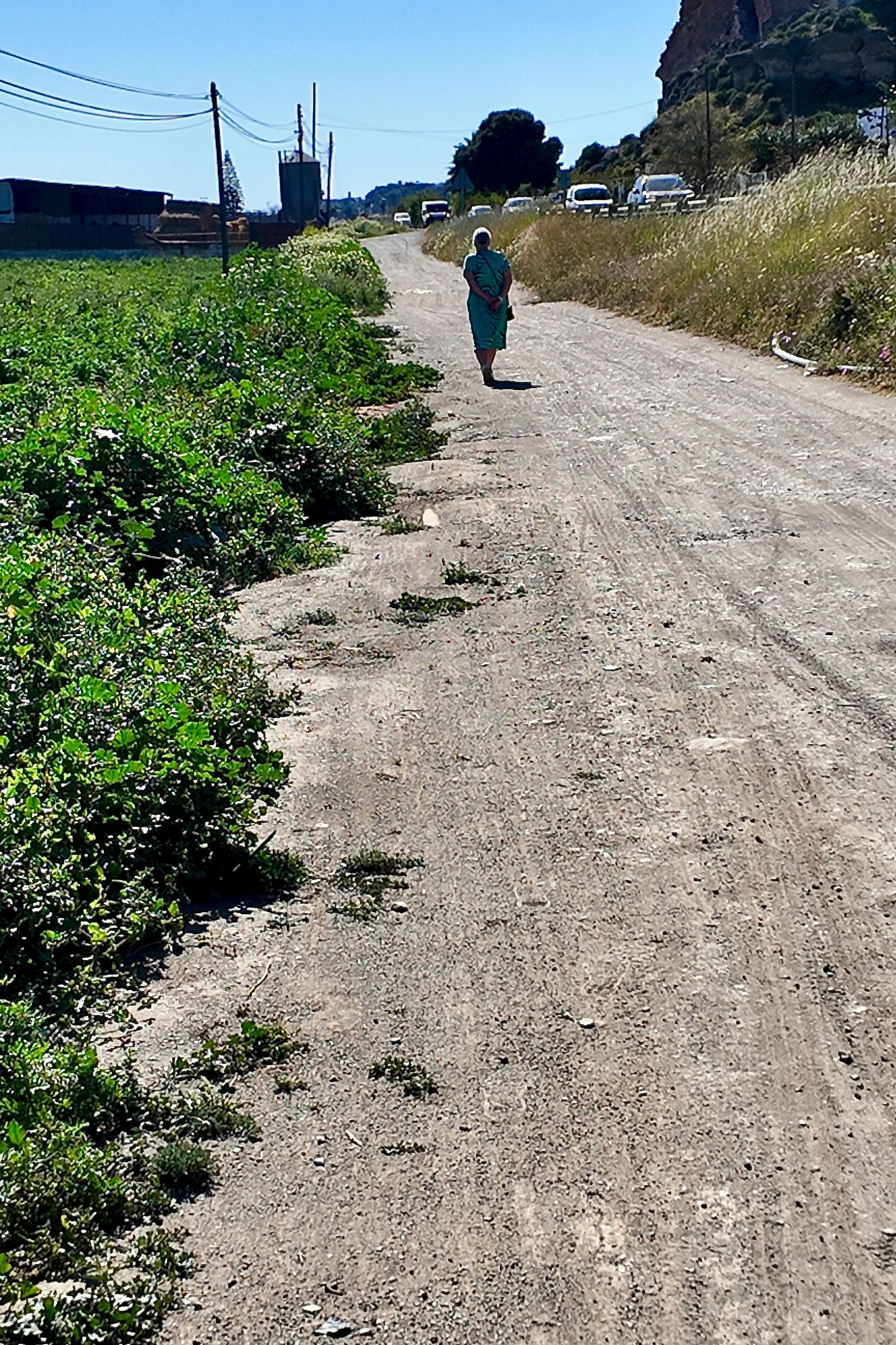 Een persoon in een groene outfit loopt over een zandpad langs een groen veld onder een helderblauwe hemel.