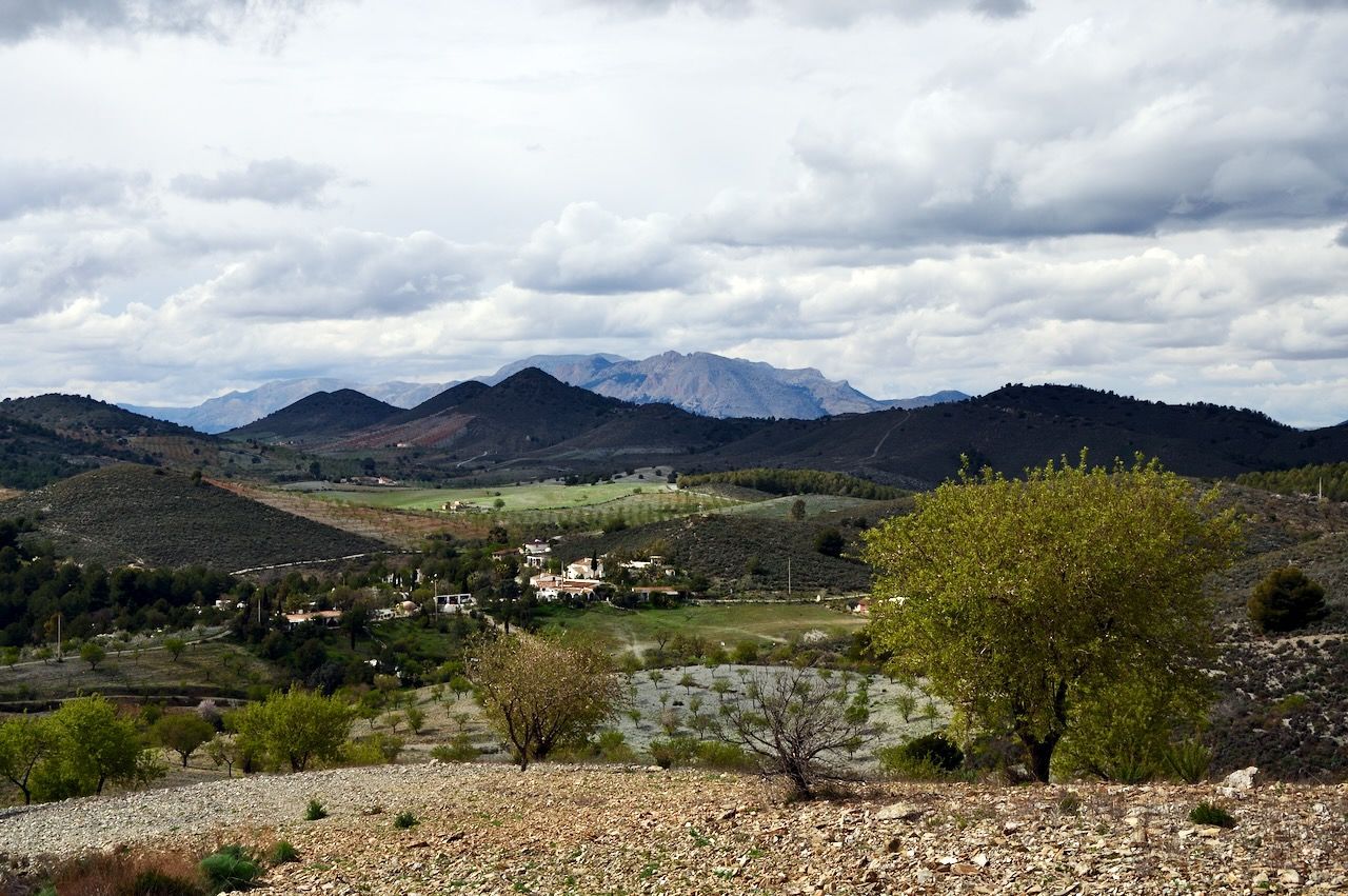 Een weelderig groene vallei, verscholen tussen glooiende, rotsachtige heuvels onder een bewolkte, grijze hemel.