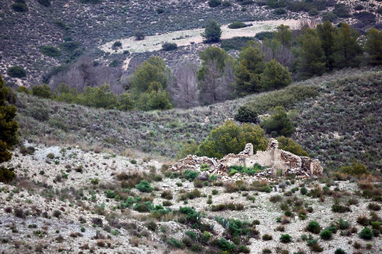 De ruïnes van een stenen gebouw, verscholen in een heuvelachtig, dor landschap met verspreide struiken en dennenbomen.