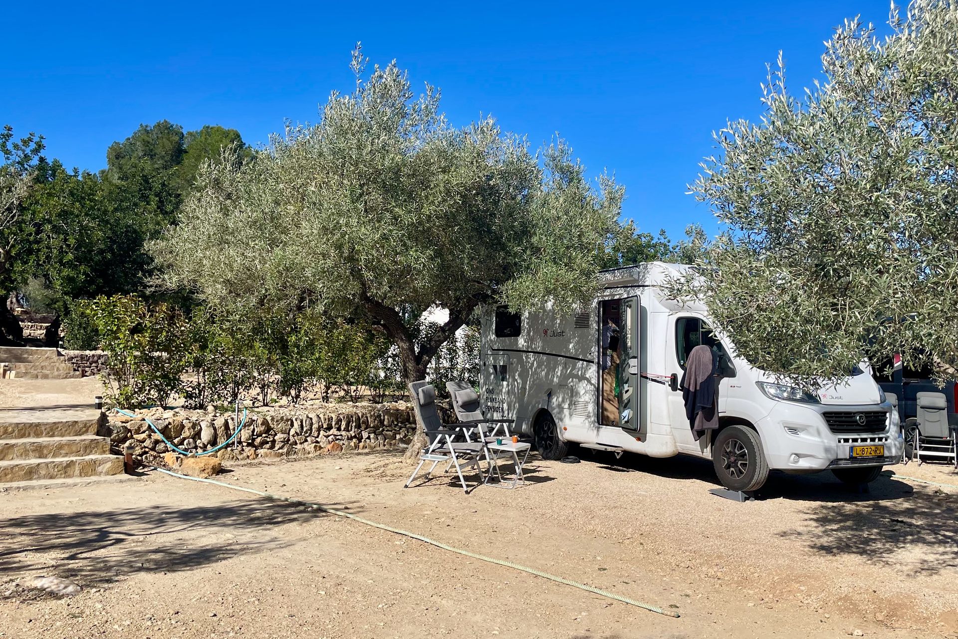 Een witte camper staat geparkeerd onder olijfbomen, in een zonnige buitenomgeving met een helderblauwe hemel.