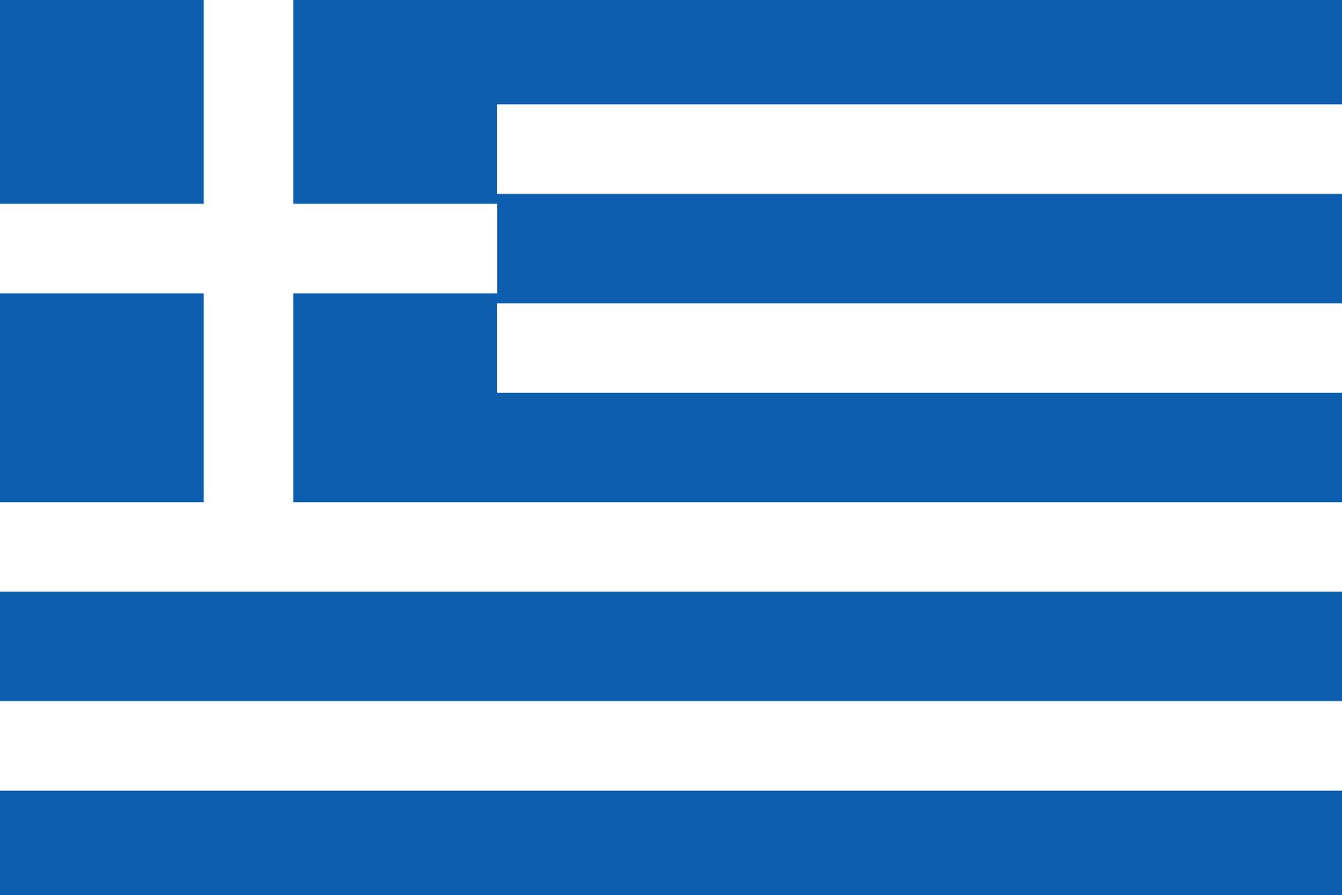 De nationale vlag van Griekenland, met negen horizontale blauw-witte strepen en een wit kruis in een blauw kanton.