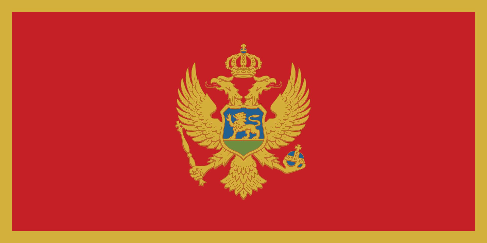 De nationale vlag van Montenegro: een rood veld met een gouden rand en het gouden wapen van het land, de dubbele adelaar.