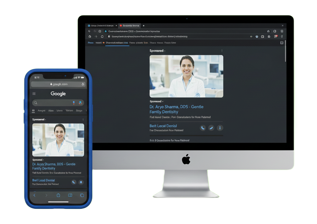Desktop computer and smartphone showing the same webpage. A doctor is displayed on a video clip with a title 