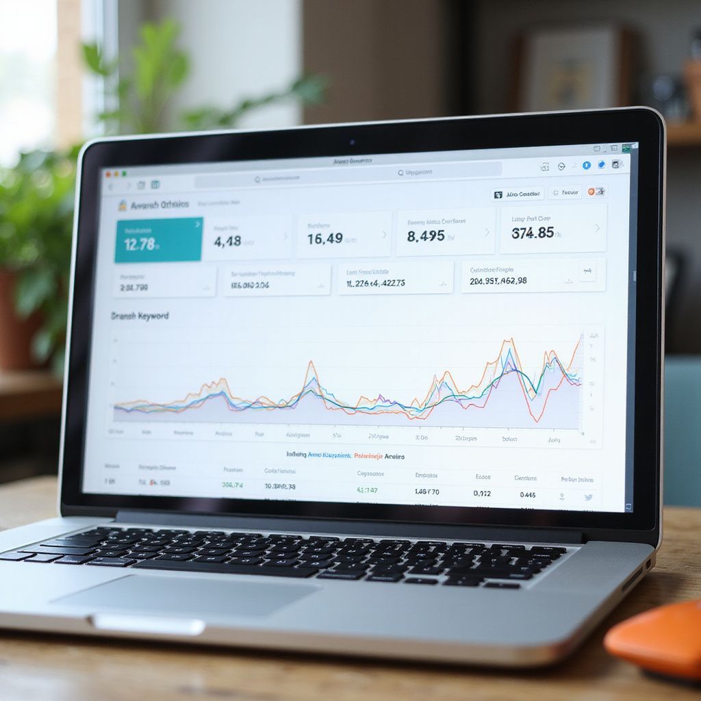 Laptop displaying a data analytics dashboard with charts and figures on a wooden table.