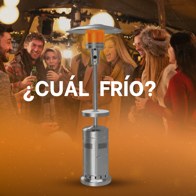 Un grupo de personas paradas alrededor de un calentador que dice ¿Cuál frío?