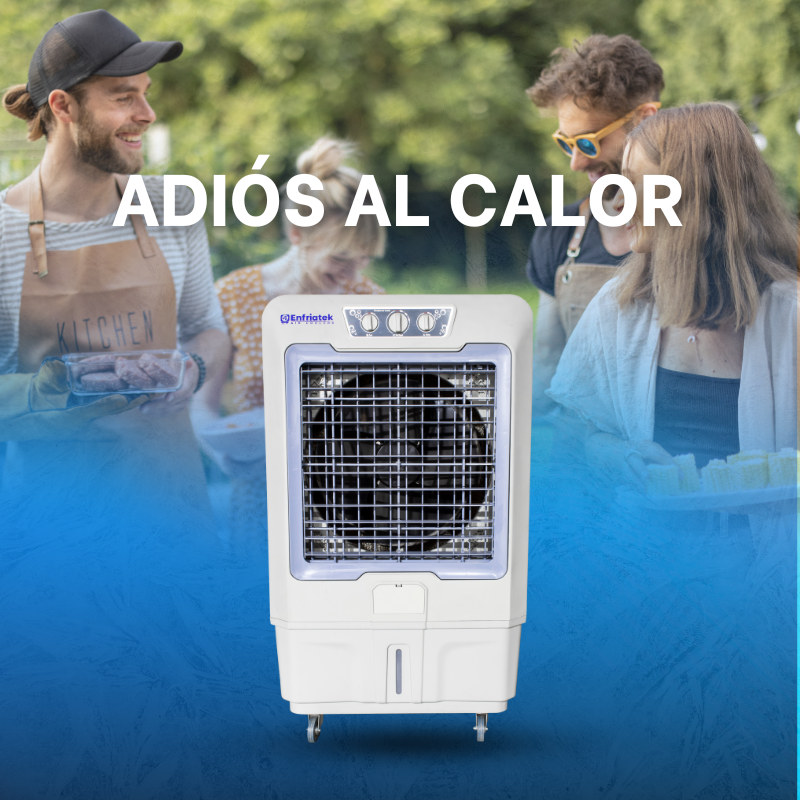 Un grupo de personas están de pie alrededor de un ventilador que dice adiós al calor.
