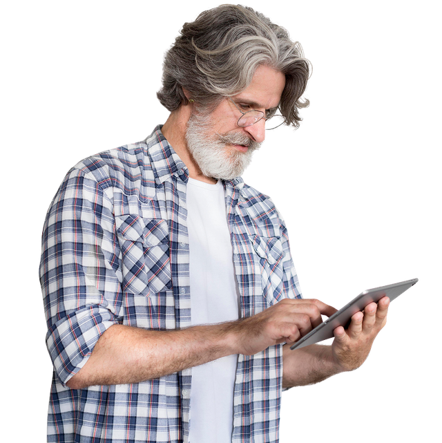 A man in a plaid shirt is using a tablet computer.