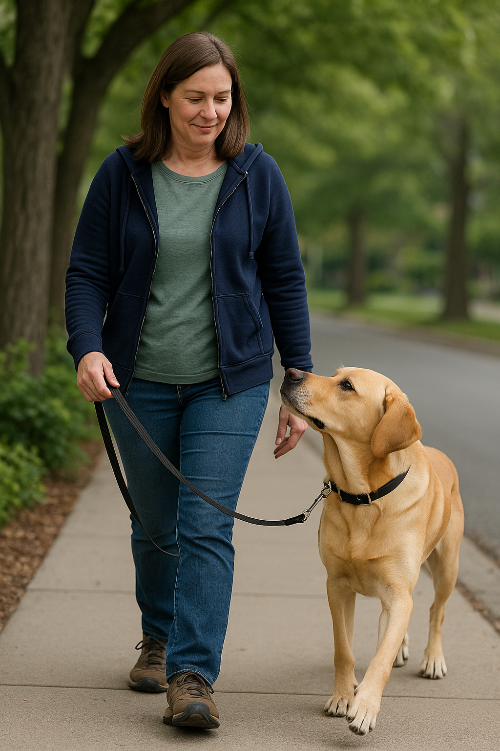 Dog walking calmly on leash with owner