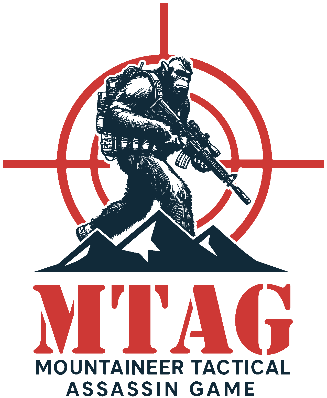 A sasquatch aiming a rifle, centered in a red target. 