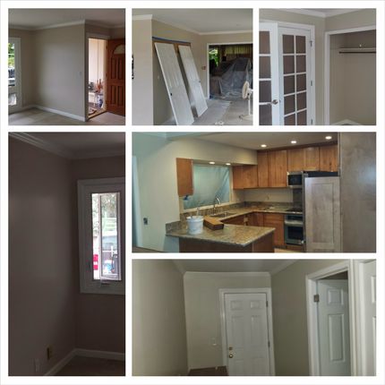 Collage of home interior, including kitchen, being renovated by Clinton's Painting