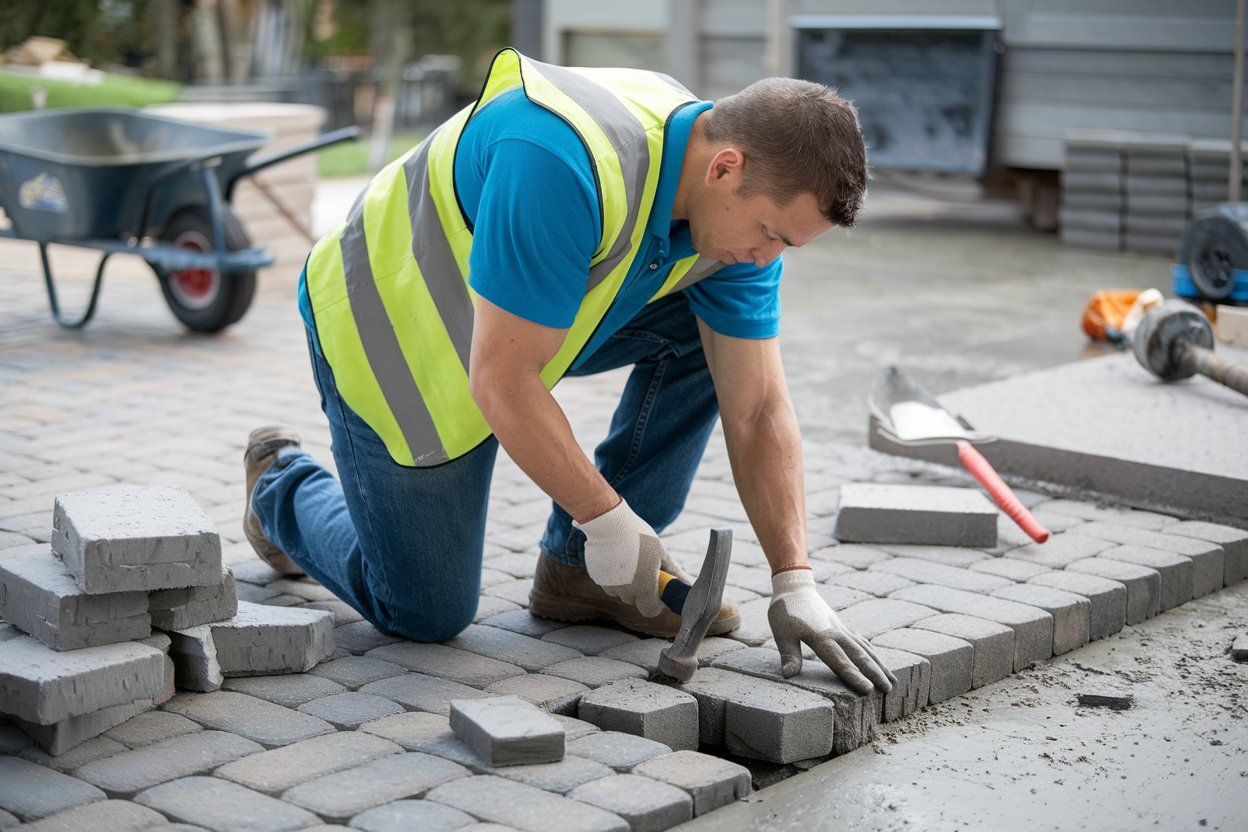 A man is kneeling down while working on a brick walkway.