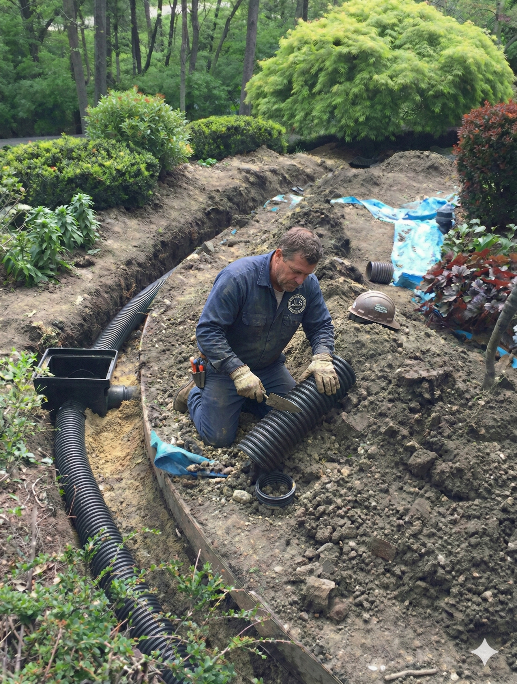 A construction worker is working on a machine on a brick sidewalk.