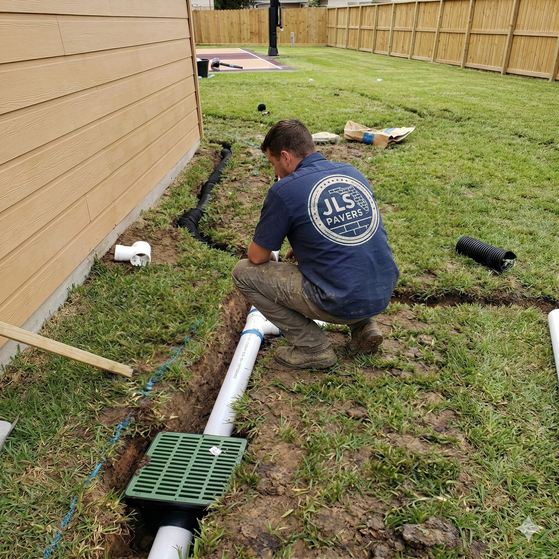 A construction worker is laying bricks on a construction site with a shovel.