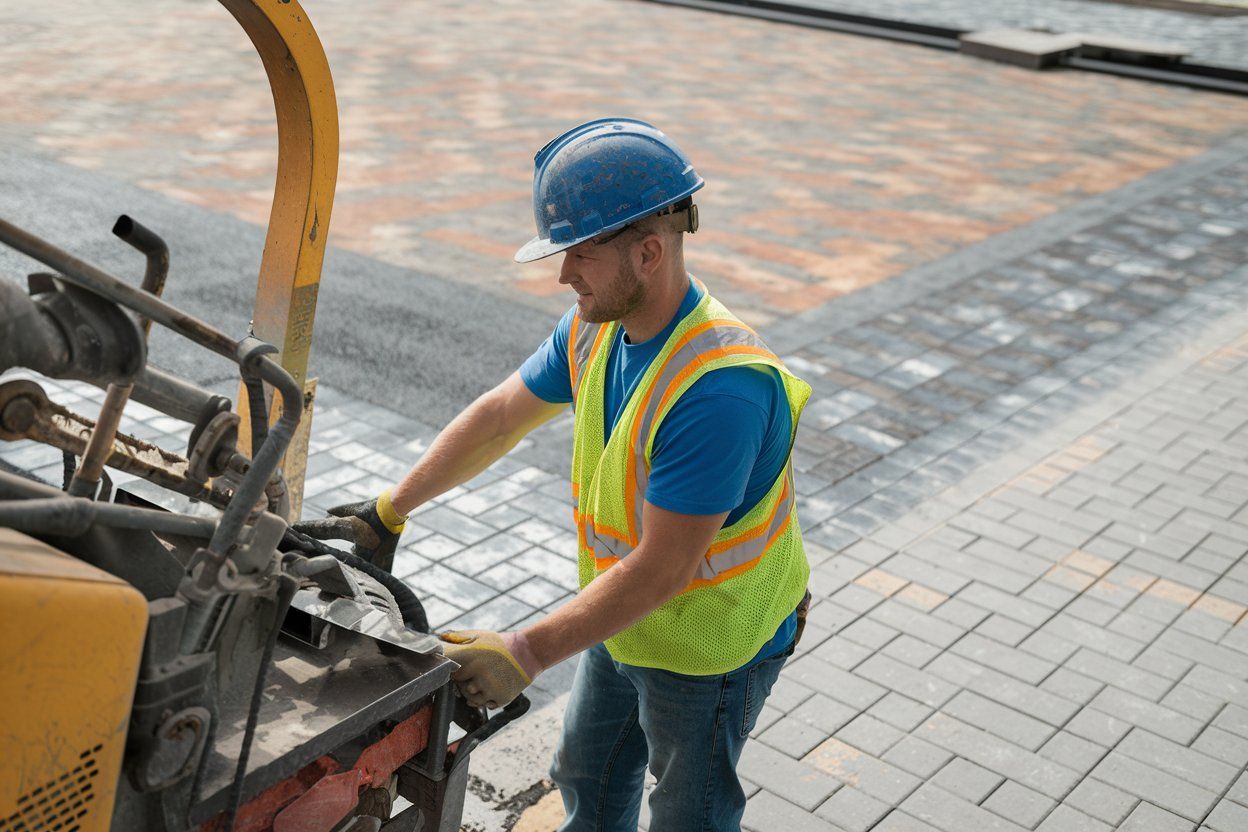A construction worker is working on a machine on a brick sidewalk.