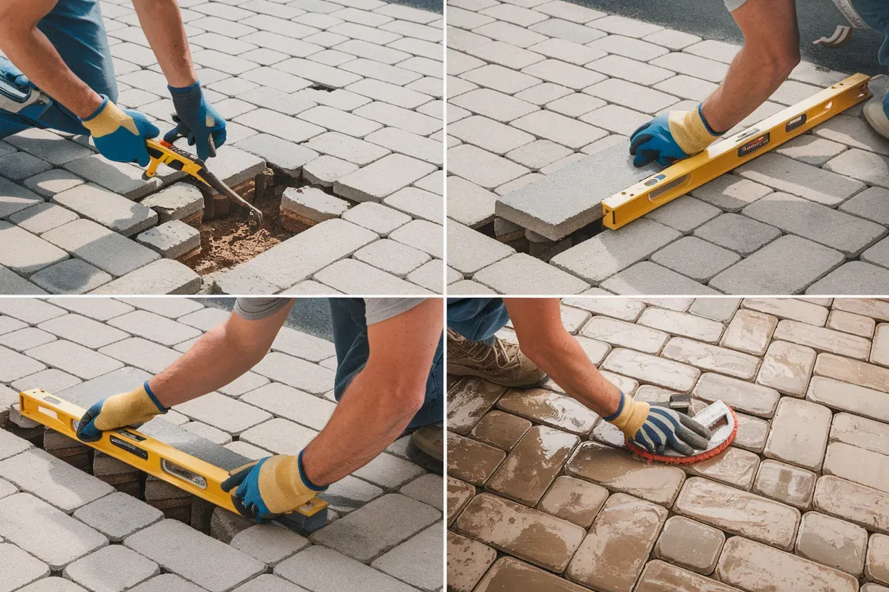 A collage of four pictures of a person laying bricks