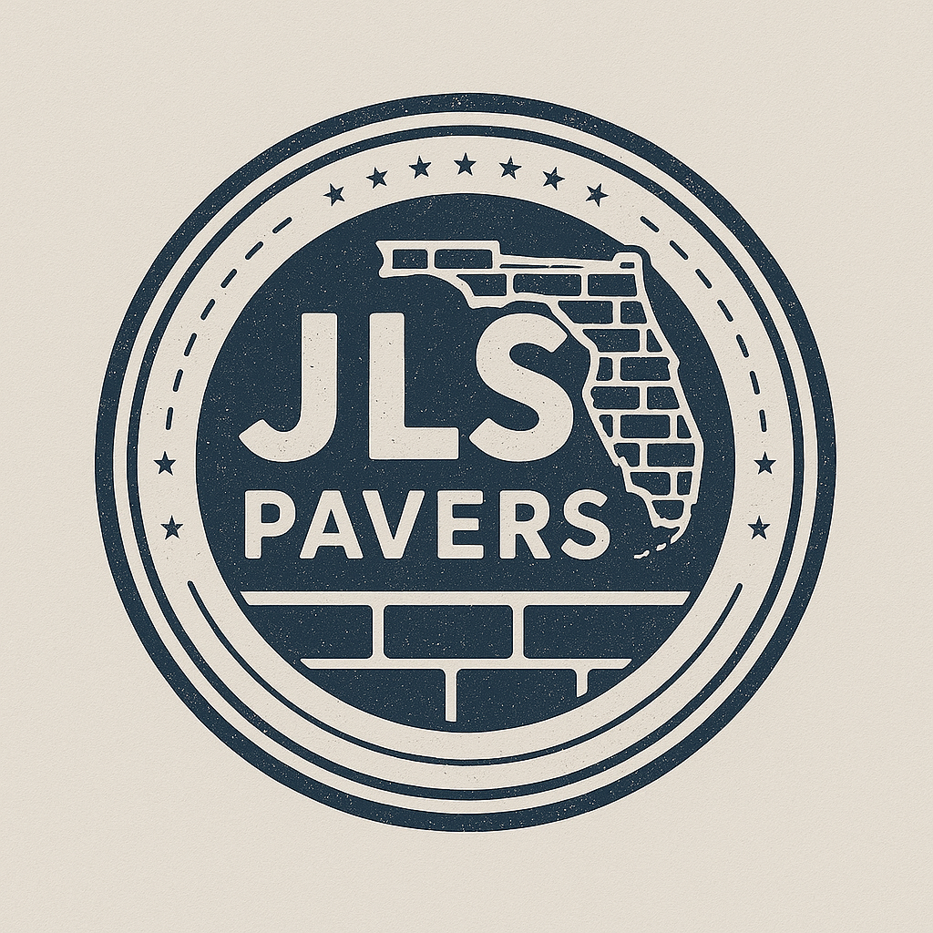JLS Pavers logo: Blue and white circular design with text and a Florida-shaped brick pattern.