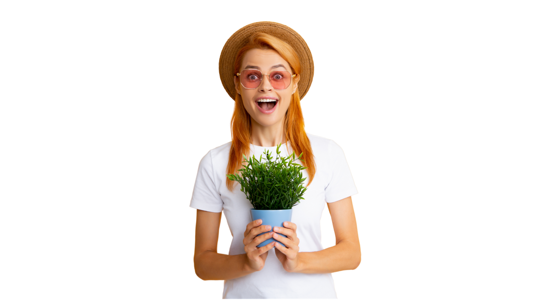 A woman is holding a potted plant in her hands.