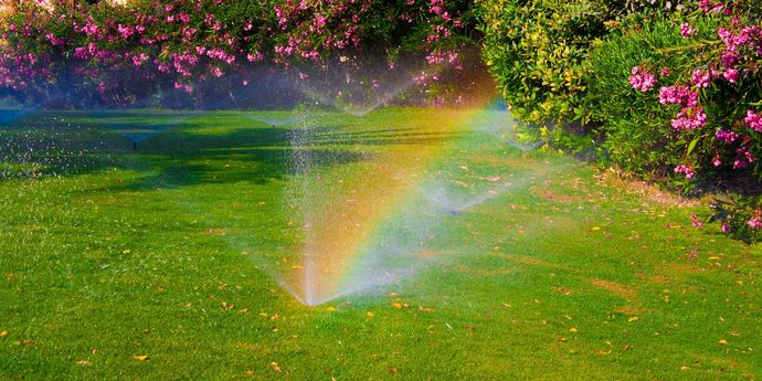 A sprinkler spraying water on a lush green lawn with a rainbow in the background.