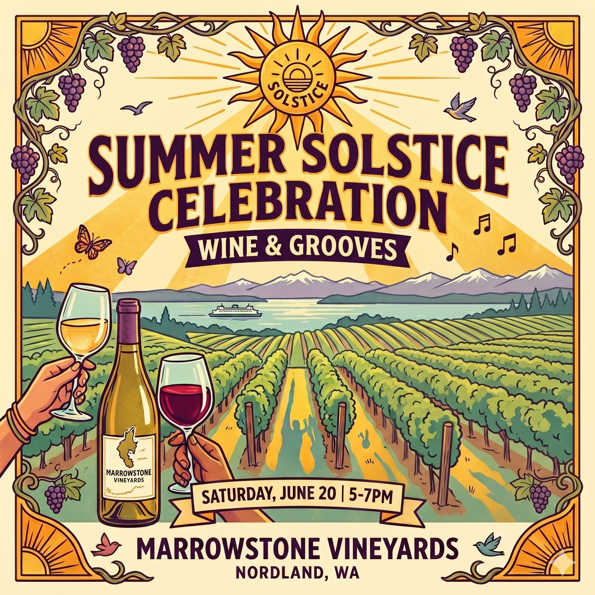 Poster for Summer Solstice Celebration wine and grooves at Marrowstone Vineyards, June 20, 5–7 PM