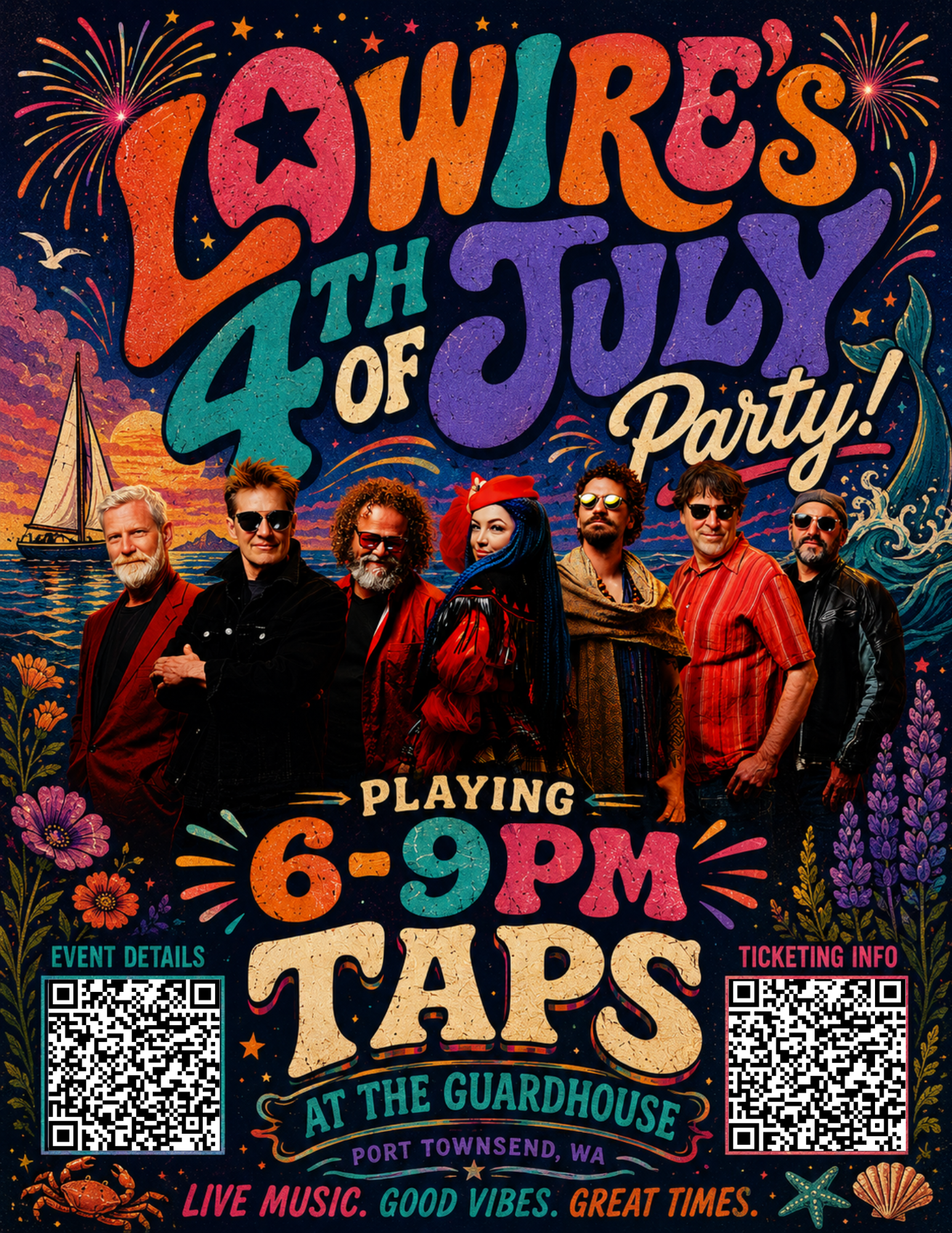 Lowire’s 4th of July party poster with band Lowire at TAPS 6–9 PM in fort worden.