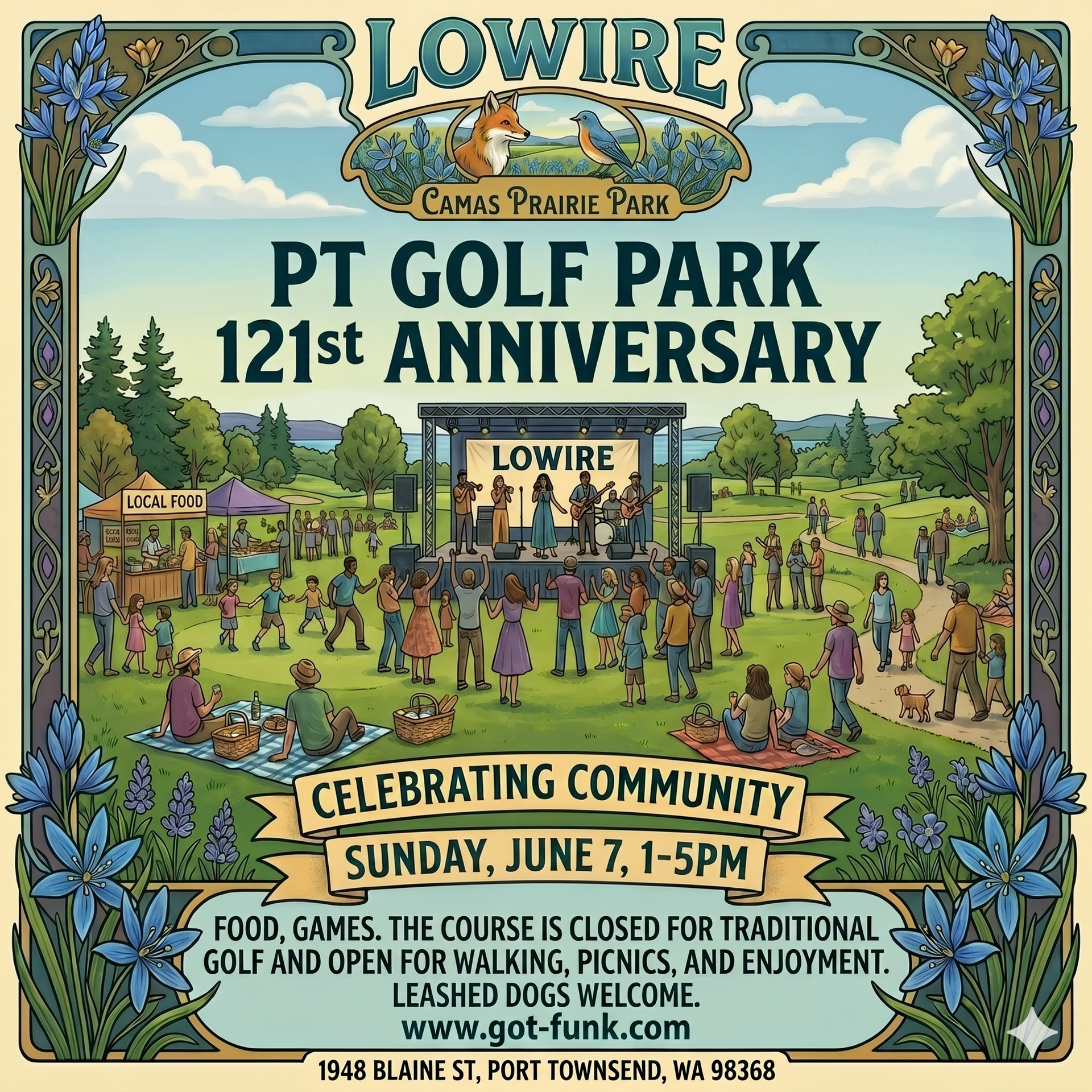 Event poster for PT Golf Park’s 121st anniversary on June 7, featuring an outdoor concert, picnics, and park activities.