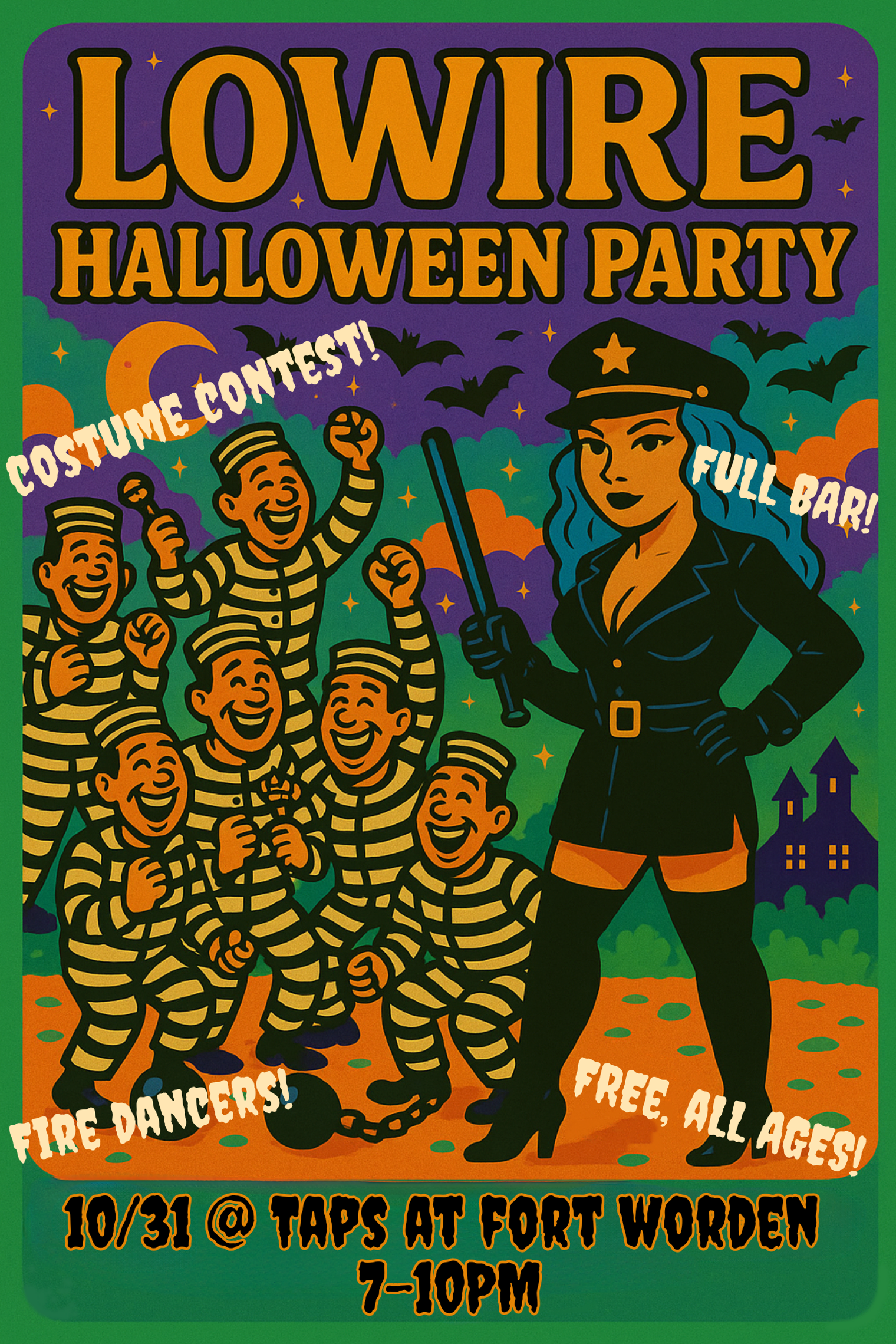 Live music Halloween Port Townsend Poster for Lowire Halloween Party at Taps at Fort Worden. Featuring a female police officer and prisoners with bats and other decorations.