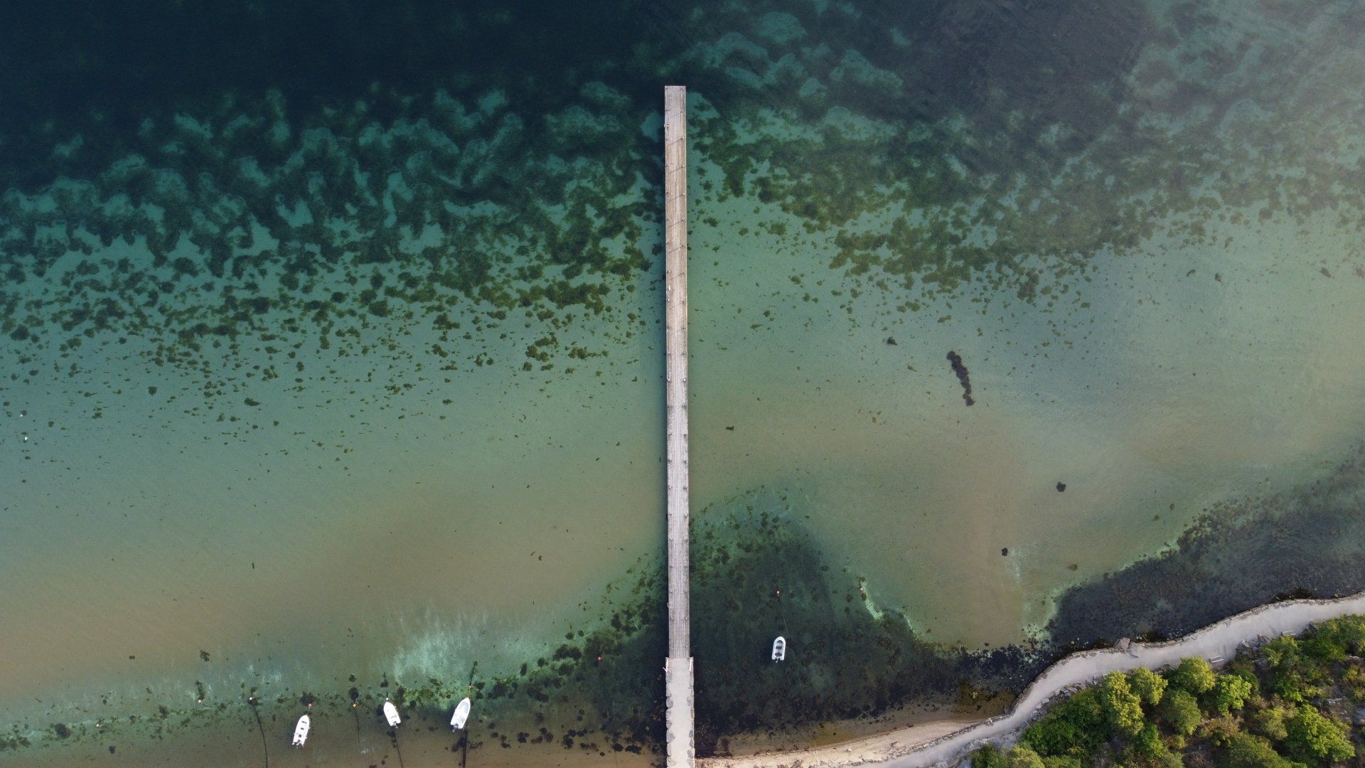 Vista aérea de un largo muelle que se extiende hacia el agua turquesa, con una costa y barcos.